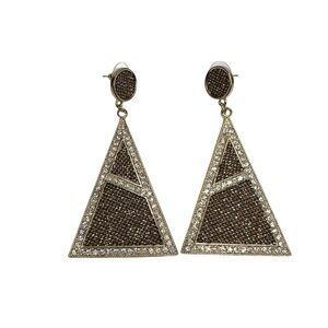 Gold Glitter Black Mesh Rhinestone Triangle Shaped Drop Pierced Earrings
